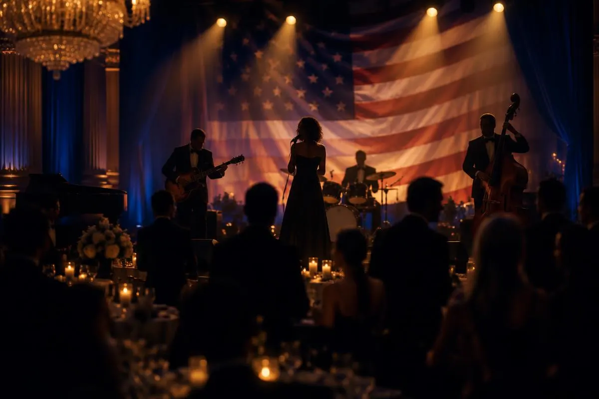 A live band performs on a ballroom stage before seated gala guests