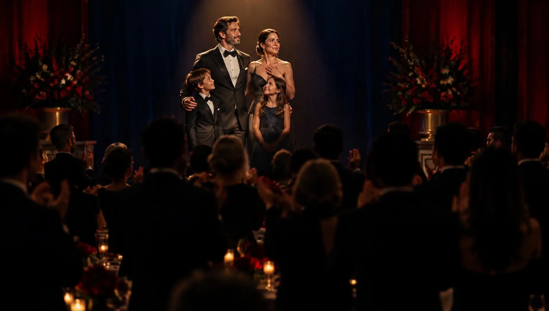 A family stands on a spotlit stage as gala guests applaud